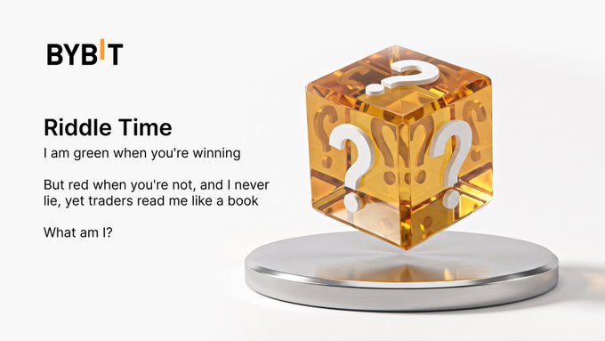 A promotional graphic from Bybit featuring "Riddle Time" with a riddle about something green when winning and red when losing—"I am green when you're winning, but red when you're not, and I never lie, yet traders read me like a book. What am I?"—displayed alongside a glowing amber cube marked with question marks on a silver pedestal.