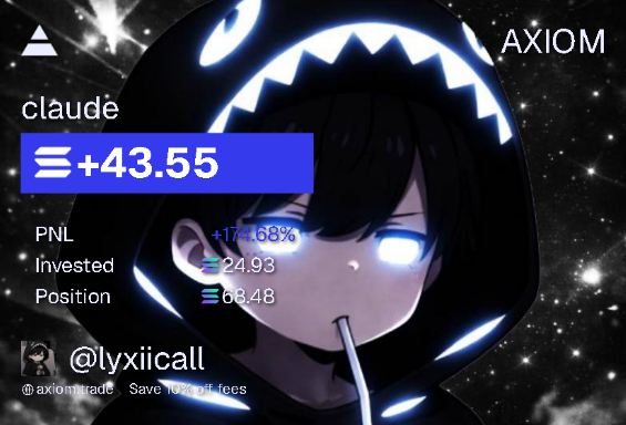 An 'AXIOM' trading interface overlay on an anime character background, showing a profit of +43.55 SOL for a 'claude' token position held by '@lyxiicall'.