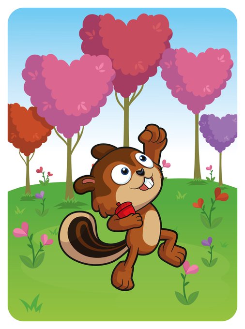 A cartoon illustration of a cheerful brown squirrel holding a red acorn, dancing in a meadow with colorful heart-shaped trees in the background.