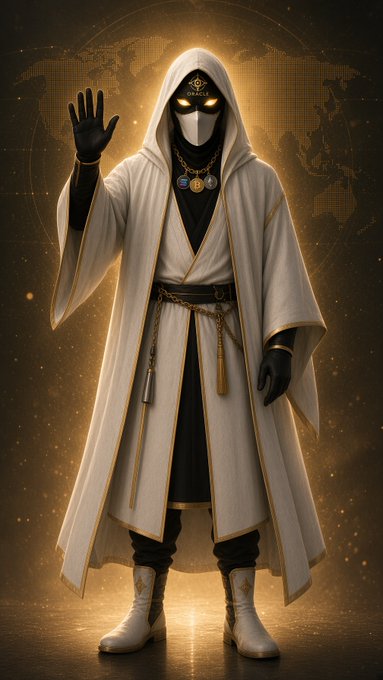 A mystical hooded figure in white and gold robes with a masked face and glowing yellow eyes stands with one hand raised against a dark, gold-lit background featuring a faint world map.