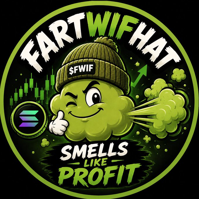 A green and black circular logo featuring a cartoon cloud character wearing a beanie marked "$FWIF", giving a thumbs-up beside a Solana logo and trading charts, with text reading "FARTWIFHAT" and "SMELLS LIKE PROFIT".