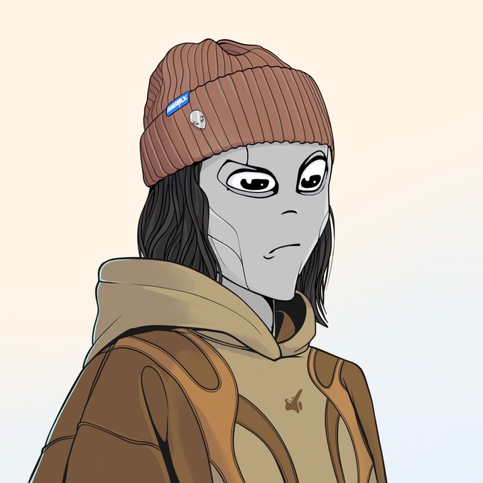 An illustration of a character with a gray alien-like face wearing a brown beanie and a tan hoodie.