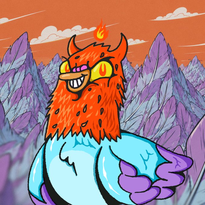 A cartoon red horned bird with fiery orange plumage and a single flame atop its head gives a confident smile against a backdrop of purple mountains and an orange sky. The character appears to be Wingston, a mascot tied to the NFT mint announcement, fitting the post's excitement for the upcoming launch.