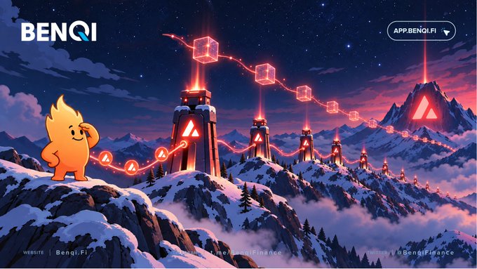 An illustrated digital artwork featuring an orange character standing on a snowy mountain peak at night, with glowing red cube structures connected by light trails; the logo 'BENQI' and 'APP.BENQI.FI' are visible.