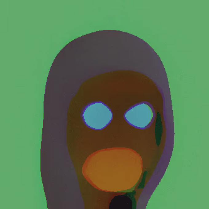 A simple digital painting of a figure with a purple hood, brown face, and bright blue eyes against a green background.