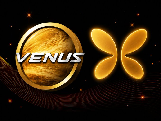 A cosmic-themed graphic displays the Venus logo alongside the $VenusCoin symbol, with the text "VENUS" overlaid on a golden planet encircled by a ring against a starry black background. The image visually represents the Venus crypto project, illustrating how XAUT token rewards are automatically distributed to $VenusCoin holders through a transaction tax mechanism.