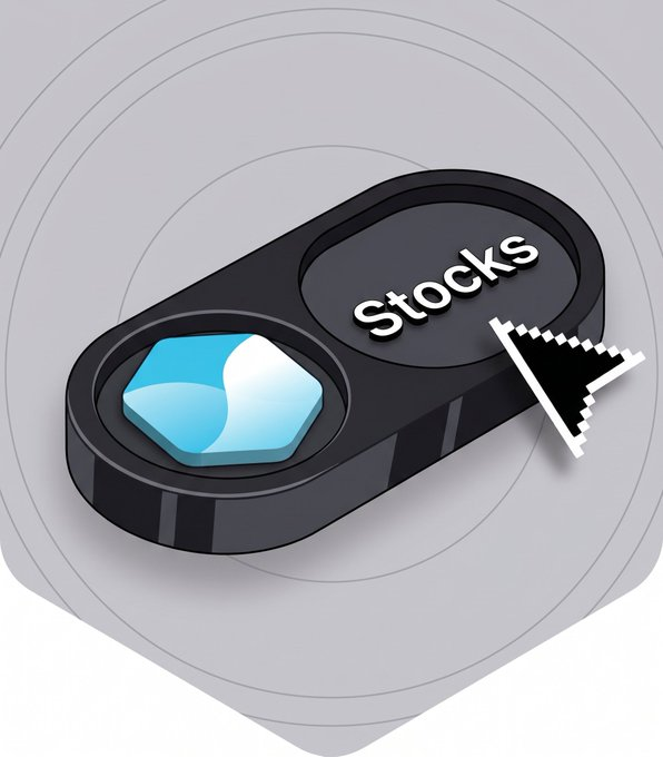A 3D graphic showing a black pill-shaped button labeled 'Stocks' with a black mouse cursor hovering over it, set next to a blue abstract icon.