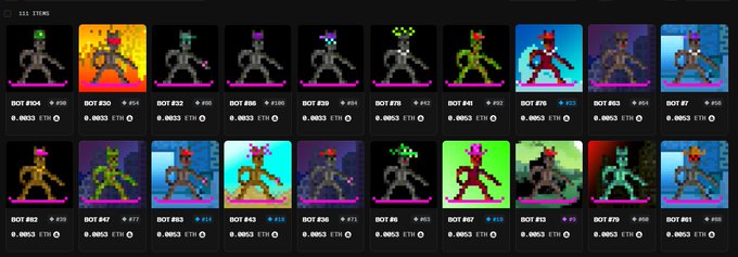 A grid of colorful pixel art NFT collectibles labeled "BOT" with various numbered editions and 0.0033 ETH prices displayed.