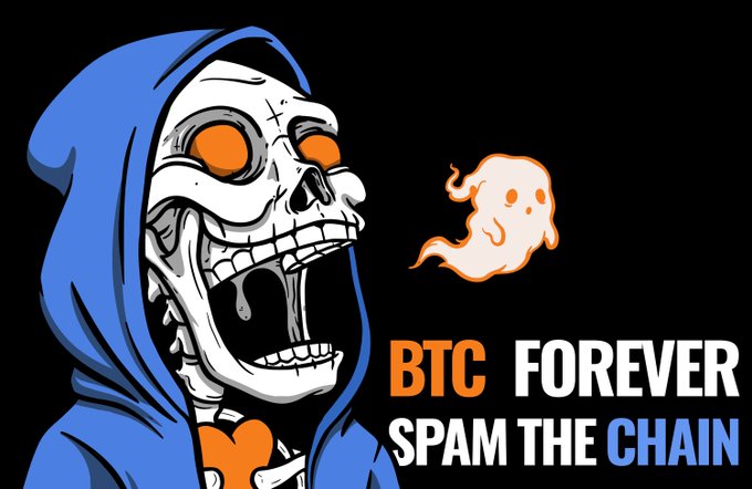 Cartoon graphic of a screaming blue-hooded skeleton with orange glowing eyes and a small ghost, with text reading 'BTC FOREVER SPAM THE CHAIN' in orange, white, and blue.