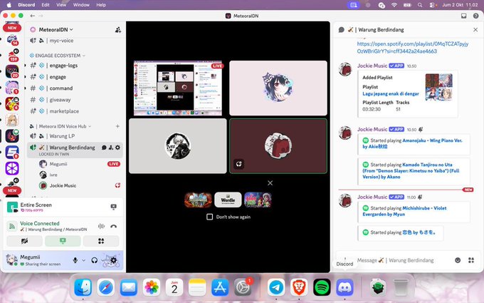 Discord application interface showing a voice channel call called "Warung Berdinding" with multiple anime-style user avatars, a voice-connected list, and the Jockie Music bot displaying recently played tracks like "Lay-Layug enak di dengar" and "Evergarden" by Miyon.