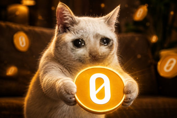 Artistic image of a small kitten holding a glowing orange cryptocurrency token with a '0' symbol, surrounded by similar floating coins.