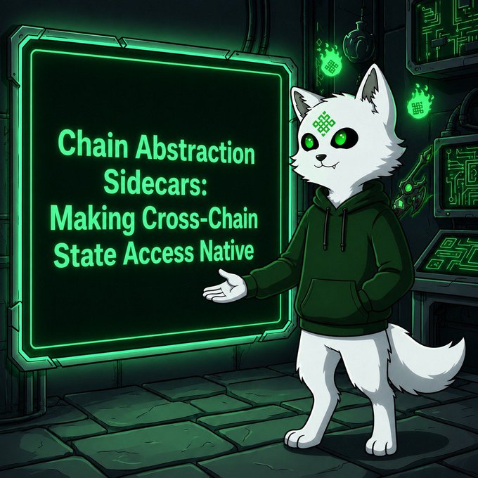Digital illustration of a white wolf/cat character in a green hoodie standing next to a glowing green screen displaying the text 'Chain Abstraction Sidecars: Making Cross-Chain State Access Native'.