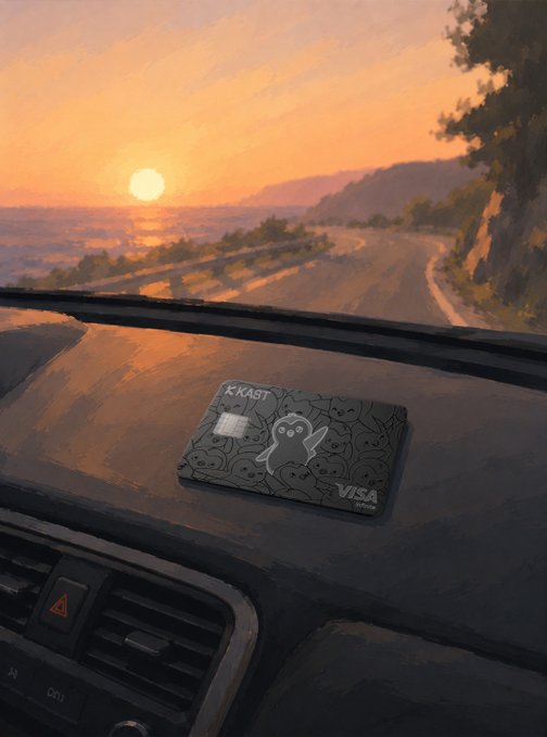 An artistic illustration of a sunset view from inside a car, with a black 'KAST' Visa debit card resting on the dashboard and the ocean visible through the windshield.