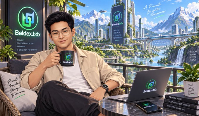 A promotional image for 'Beldex.bdx' showing a young man holding a branded mug with a futuristic city landscape behind him, featuring the tagline 'A Private Brighter Tomorrow' and pillars like PRIVACY, DECENTRALIZATION, and FREEDOM.