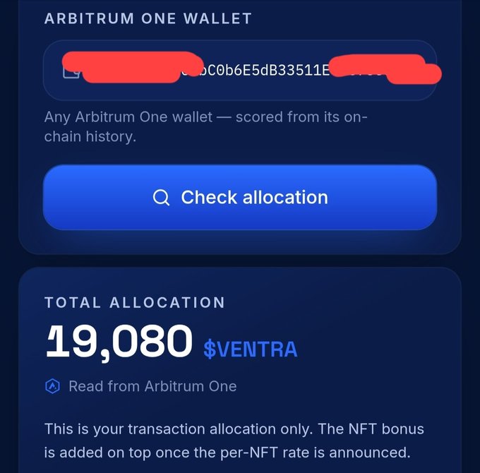 The image shows an airdrop eligibility check page displaying an Arbitrum One wallet address (partially redacted) with a total allocation of **19,080 $VENTRA tokens**, read from Arbitrum One. It corresponds to the post by showcasing the user's successful $VENTRA airdrop eligibility check via ventran.xyz, highlighting the 19,080 token allocation along with a note that an NFT bonus will be added on top once announced.