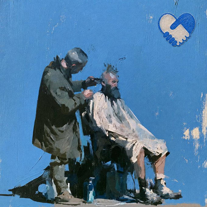 An impressionistic oil painting on a blue background depicting a barber cutting the hair of a seated bearded customer in a white cape, with a small heart-shaped handshake logo in the upper right corner.