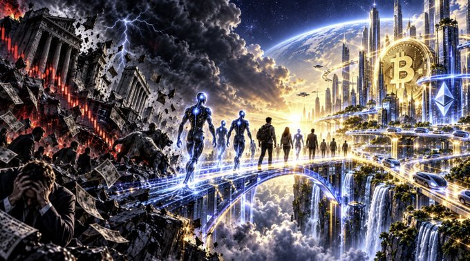 A dramatic split-image contrasts collapsing traditional financial markets on the left with a futuristic utopian cityscape on the right, featuring glowing Bitcoin and Ethereum logos, humanoid AI figures, and autonomous vehicles crossing a luminous bridge, symbolizing the transition from old economic systems to an AI- and crypto-driven future.

This visual perfectly illustrates the post's themes of major inflections: consumer AI agents driving compute demand, crypto rails enabling agentic commerce, and the displacement of legacy market noise by transformative technological shifts.