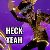 !!! Hey YEAH!!! is written in black text above a cartoon character dancing on a purple background with gold accents and a skull decoration.