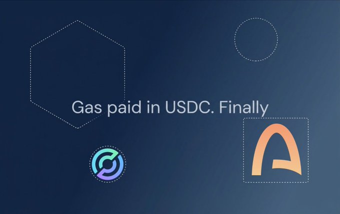 A dark blue graphic with the text 'Gas paid in USDC. Finally' featuring the USDC logo and an orange arch logo, likely related to cryptocurrency payment services.