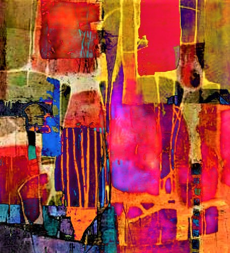 A vibrant, abstract mixed-media artwork featuring overlapping blocks of saturated red, yellow, blue, and green hues with visible textures and drips.