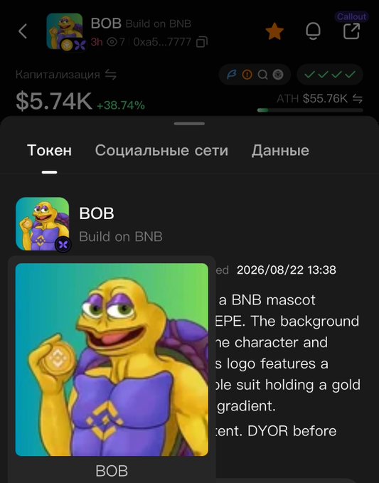 A mobile app screen showing the token 'BOB Build on BNB' with a market cap of $5.74K (+38.74%), featuring a cartoon turtle mascot in a purple suit holding a gold BNB coin.