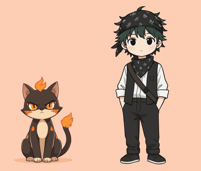An anime-style chibi character with green hair, wearing a black bandana and dark outfit, stands next to a small fire-type cat-like creature on a peach background.