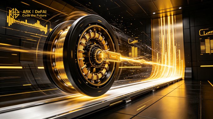 The image showcases a high-tech, golden-lit mechanical chamber with "ARK | DeFAI - Code the Future" displayed in the upper left corner, symbolizing advanced AI technology in motion. This visually reinforces the post's message about the Arkie AI App's powerful AI Agents executing tasks with speed and precision to drive the ARK ecosystem forward.