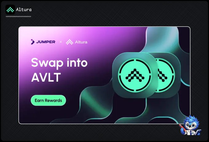The image shows an advertisement for a cryptocurrency called AVLT, which is being promoted by Altura. The advertisement features two green circles with white dots inside them, symbolizing the swapping of tokens into AVLT. The text "Swap into AVLT" is displayed above and below these circles, indicating that users can participate in this campaign to earn rewards. The post also mentions that users should hold their tokens in a wallet on HyperEVM Rewards are distributed after the campaign starts.