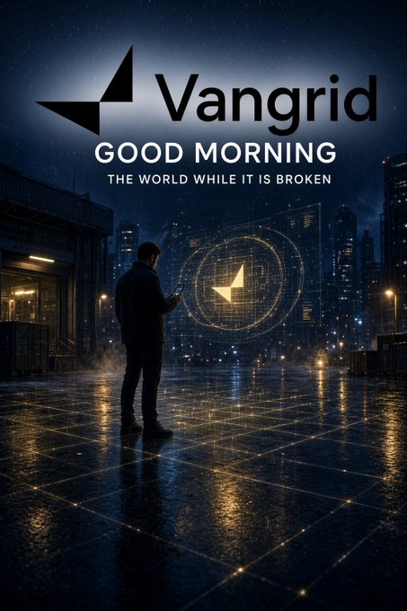A promotional graphic reads "Vangrid GOOD MORNING - THE WORLD WHILE IT IS BROKEN" featuring a figure standing on a glowing grid in a dark cityscape.