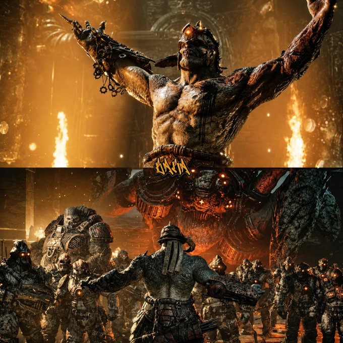 A promotional image for the video game 'KILLERS,' showing a top half of a monstrous, horned creature with glowing red eyes and a bottom half depicting soldiers facing a horde of enemies in a fiery setting.
