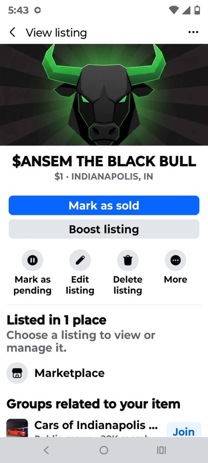 A mobile screenshot of a Facebook Marketplace listing for '$ANSEM THE BLACK BULL' for $1 in Indianapolis, IN, featuring a green neon bull logo.