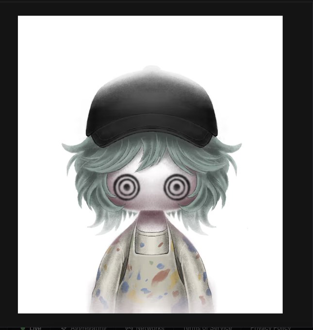 A pale, doll-like figure with spiral eyes, messy green hair, a black helmet, and a paint-splattered jacket stares blankly, evoking a sense of hypnotic uncertainty or detached optimism—mirroring the poster's wistful hope that Pyo could pump to a 5M market cap despite skepticism.