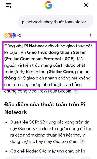 A Google search for “pi network chạy thuật toán stellar” shows text explaining that Pi Network is built on the Stellar Consensus Protocol (SCP) and forked from Stellar Core. The post connects Pi’s consensus mechanism to Stellar (XLM), addressing what Stellar has to do with Pi.