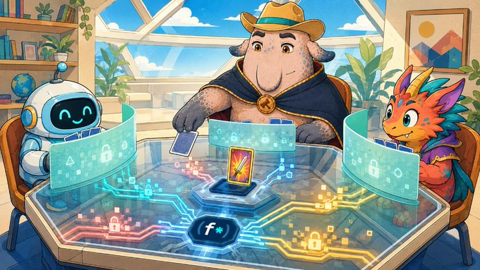 A robot, a cowboy-hatted creature, and a dragon play a card game around a holographic table featuring circuit pathways, padlock icons, and "f" symbols, visually representing how FHE (Fully Homomorphic Encryption) enables hidden information to stay concealed during onchain gameplay. The padlock motifs and shielded card displays directly reinforce the post's point about preserving secrecy in fully transparent blockchain games.
