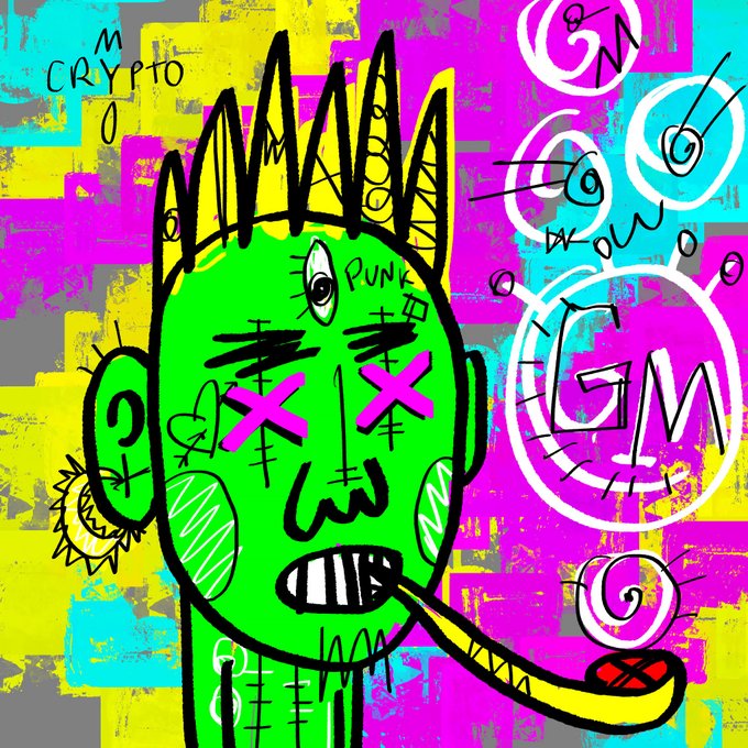 A colorful, graffiti-style digital artwork of a green-skinned character with X's for eyes, spiky hair, and an exaggerated expression, with text including 'M CRYPTO,' 'PUNK,' 'WOW,' and 'GM' scattered across a vibrant magenta and yellow background.