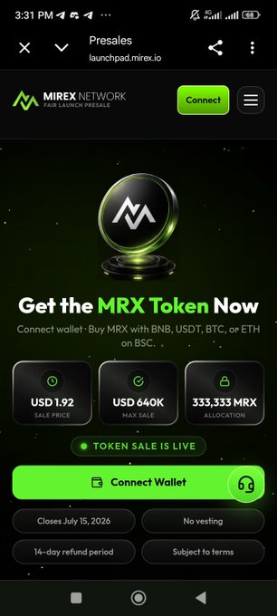 The image shows a mobile screenshot of the Mirex Network presale page on launchpad.mirex.io, advertising the MRX token sale with a sale price of USD 1.92, a max sale of USD 640K, and an allocation of 333,333 MRX, alongside a "Connect Wallet" button. It relates to the post by displaying the official launchpad where users can buy $MRX ahead of its TGE.