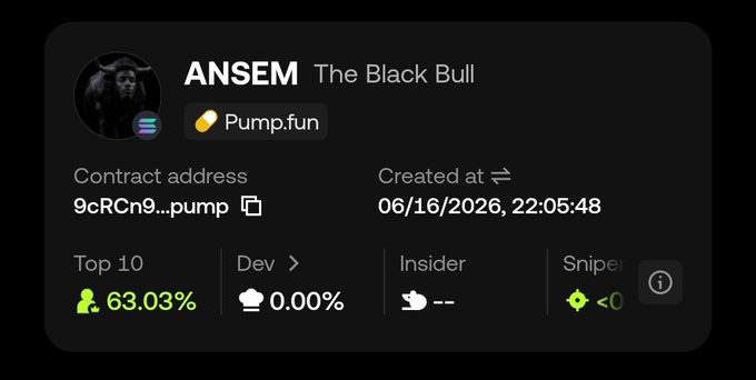 A cryptocurrency token information card for 'ANSEM The Black Bull' on Pump.fun, showing a 63.03% top 10 holder concentration and 0% developer holdings.