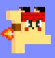 A pixel art character with red hair, a red headband, holding a flame, set against a purple background.