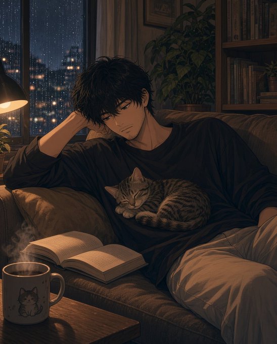 An anime-style illustration shows a young man relaxing on a couch with a sleeping cat on his lap, an open book nearby, and a steaming mug with a cat design, set against a rainy night cityscape.