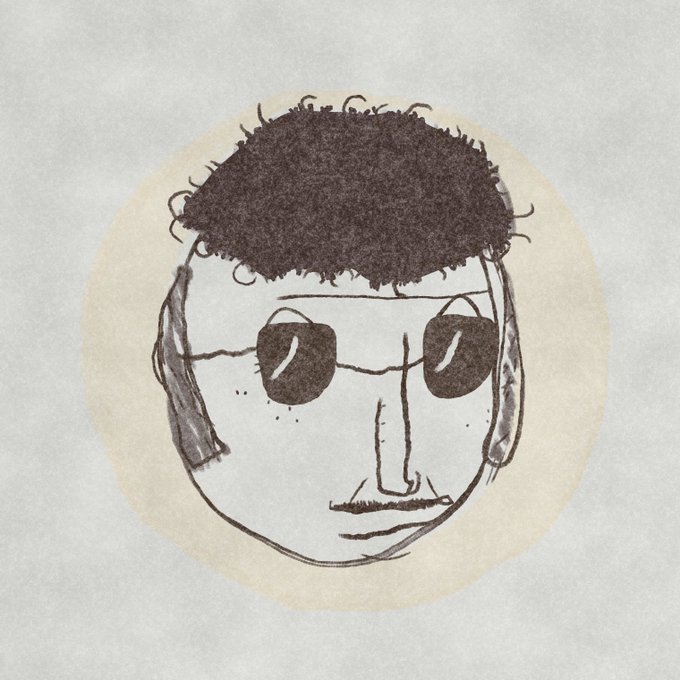 A simple sketch-style portrait of a person with curly dark hair, sunglasses, and headphones, set against a beige circular background.