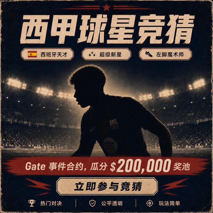 The image is a stylized promotional poster featuring a silhouetted soccer player in a Barcelona-style jersey against a stadium backdrop, with Chinese text reading "西甲球星竞猜" (La Liga Star Guessing Game), labeling the player as a "西班牙天才" (Spanish genius), "超级新星" (Super rookie), and "左脚魔术师" (Left-footed magician). The poster promotes a Gate.io event contract guessing contest with a $200,000 prize pool, inviting viewers to identify the mystery La Liga star and participate in the prediction game tied to the new football season kickoff.