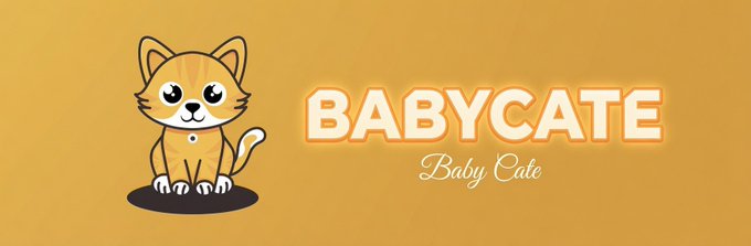 A cartoon orange kitten sits beside the bold text "BABYCATE" with "Baby Cate" written in script below, set against a yellow background. The image appears to be branding/logo artwork associated with the token address "B7bJksK5wCBHVq25m9ijk2fzpg3GMBQv71Mmmy4Rpump."