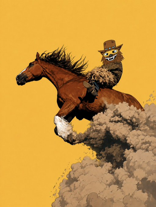 An illustrated artwork depicts a grinning fuzzy creature wearing a cowboy hat riding a galloping brown horse through clouds of dust against a solid yellow background.