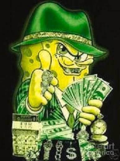 An illustrated SpongeBob SquarePants character, dressed in a green hat and jacket, holds up a stack of cash and gives a thumbs-up amid piles of money and gold coins. The image humorously celebrates the poster's profitable 30x leveraged long trade on Solana (SOL), visually representing the "FUCKTON of money" earned from the trade.