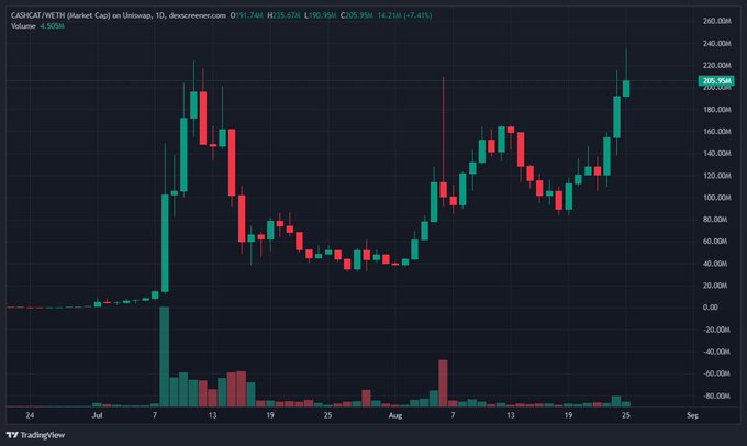A daily TradingView candlestick chart for CANDY/CAKE (PancakeSwap Market Cap) on Uniswap, showing a strong upward trend with price rising to approximately $205.95M (+7.41%) with significant volume.