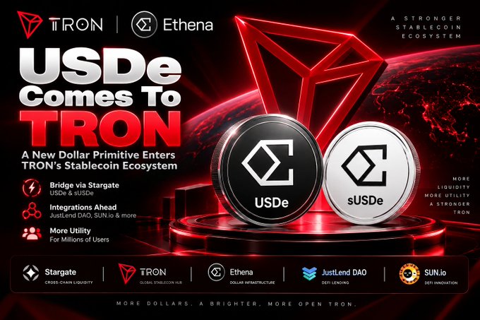 Red and black announcement graphic titled 'USDe Comes To TRON', subtitled 'A New Dollar Primitive Enters TRON's Stablecoin Ecosystem', highlighting Bridge via Stargate, JustLend DAO & SUN.io integrations, with logos for TRON, Ethena, Stargate, JustLend DAO, and SUN.io.