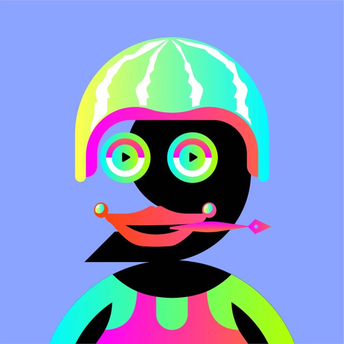 A colorful abstract character with play-button eyes wears a melon-like helmet, matching the post’s vibrant NFT artwork. The post announces a supply reduction from 3,333 to 2,500 for the Ink collection, creating more scarcity ahead of the reveal after sellout.