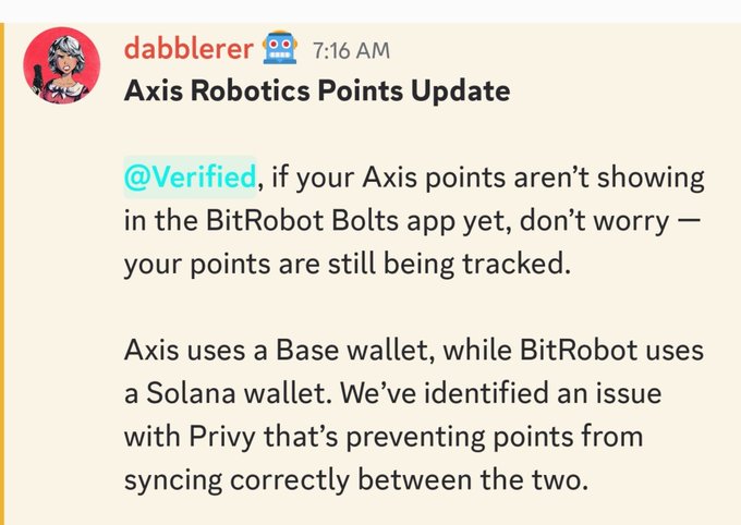 Discord message from user 'dabblerer' titled 'Axis Robotics Points Update' explaining that Axis points aren't showing in the BitRobot Bolts app due to a Privy issue syncing between Base and Solana wallets.