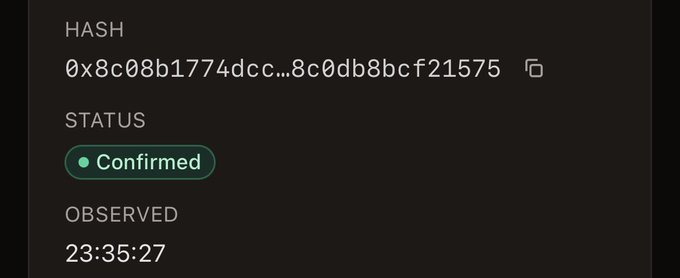 The image displays a transaction confirmation interface showing a hash (0x8c08b1774dcc...8c0db8bcf21575), a green "Confirmed" status badge, and an observed timestamp of 23:35:27, which visually confirms the user's announcement of their first successful XMR to zXMR bridge transaction.