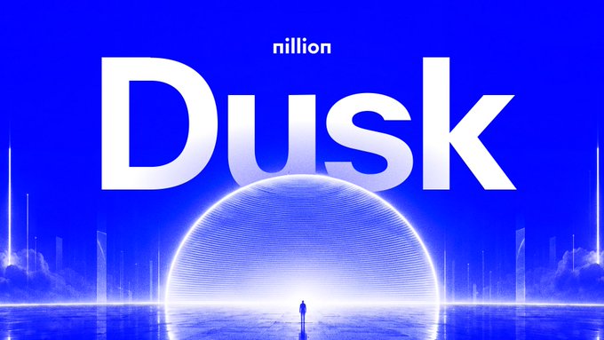 A blue promotional graphic for a crypto project named 'Dusk,' displaying the text 'Dusk' with 'million' above it.
